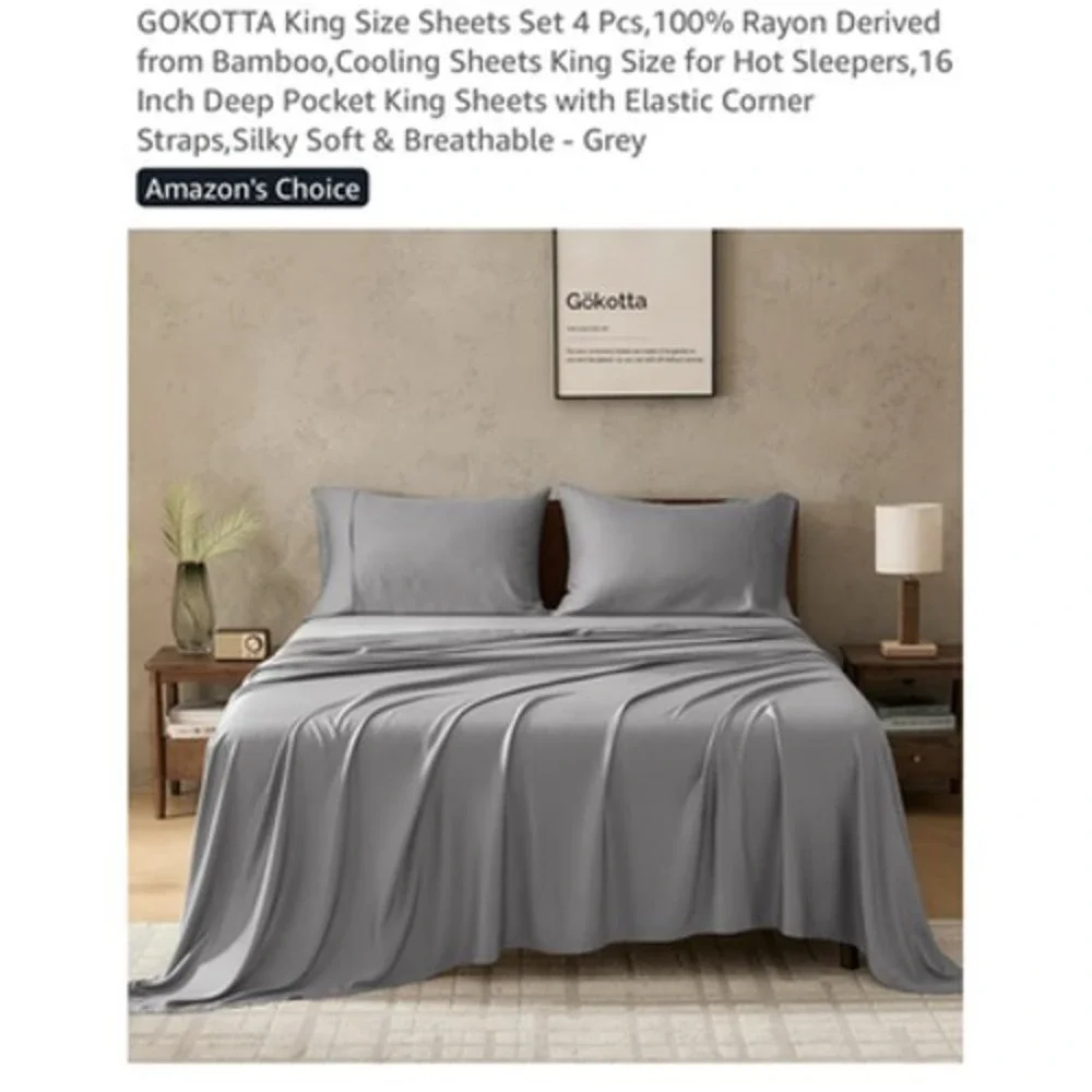 Gökotta King Sheet Set 100% Bamboo Rayon Cooling Deep Pocket Grey Silky Soft